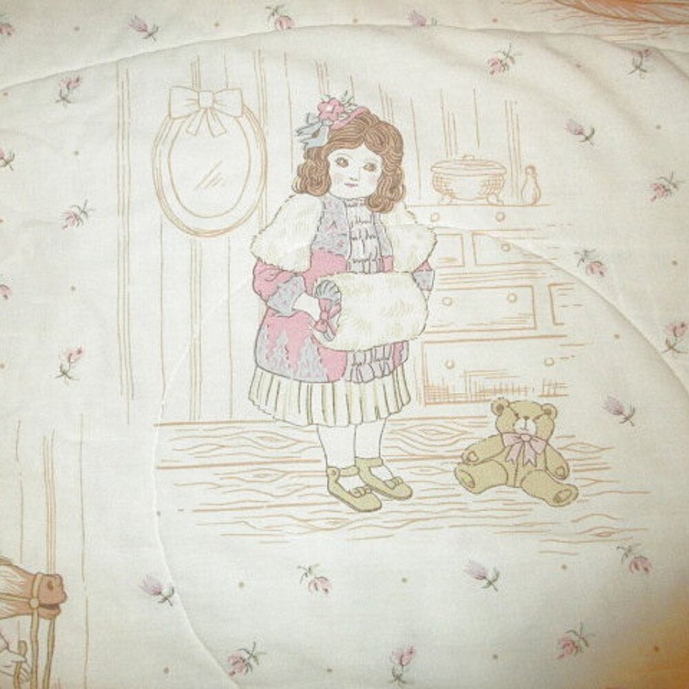Vtg Victorian Doll Crib Quilt Toddler Bed Reversible Horse Bear Girl Friends - Picture 7 of 13